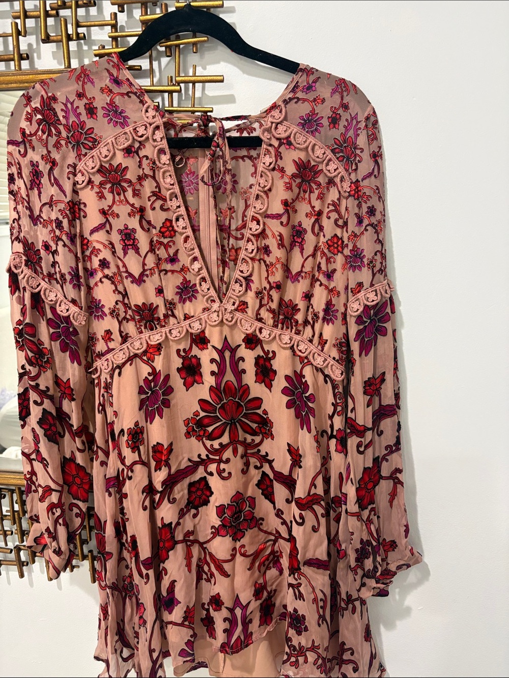 For Love & Lemons Pink Floral Embroidered V-Neck Tunic